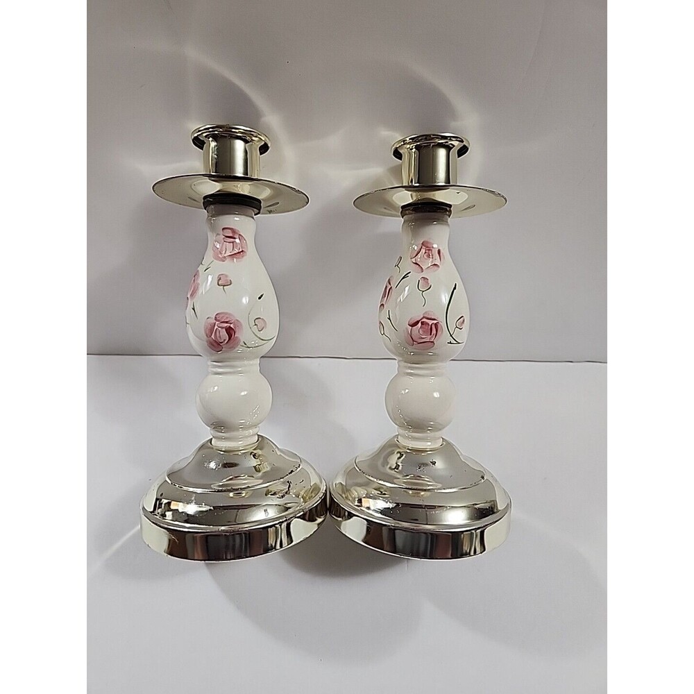 (2) Home Interiors Candle Holders Shabby Chic Pink Floral Gold Taper 7.5